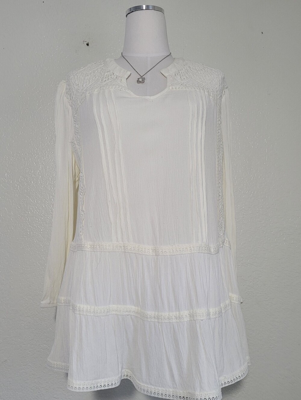 Cloth & Portrait Cream Boho Tiered Peasant Long-Sleeve Tunic Dress Size XX-Large